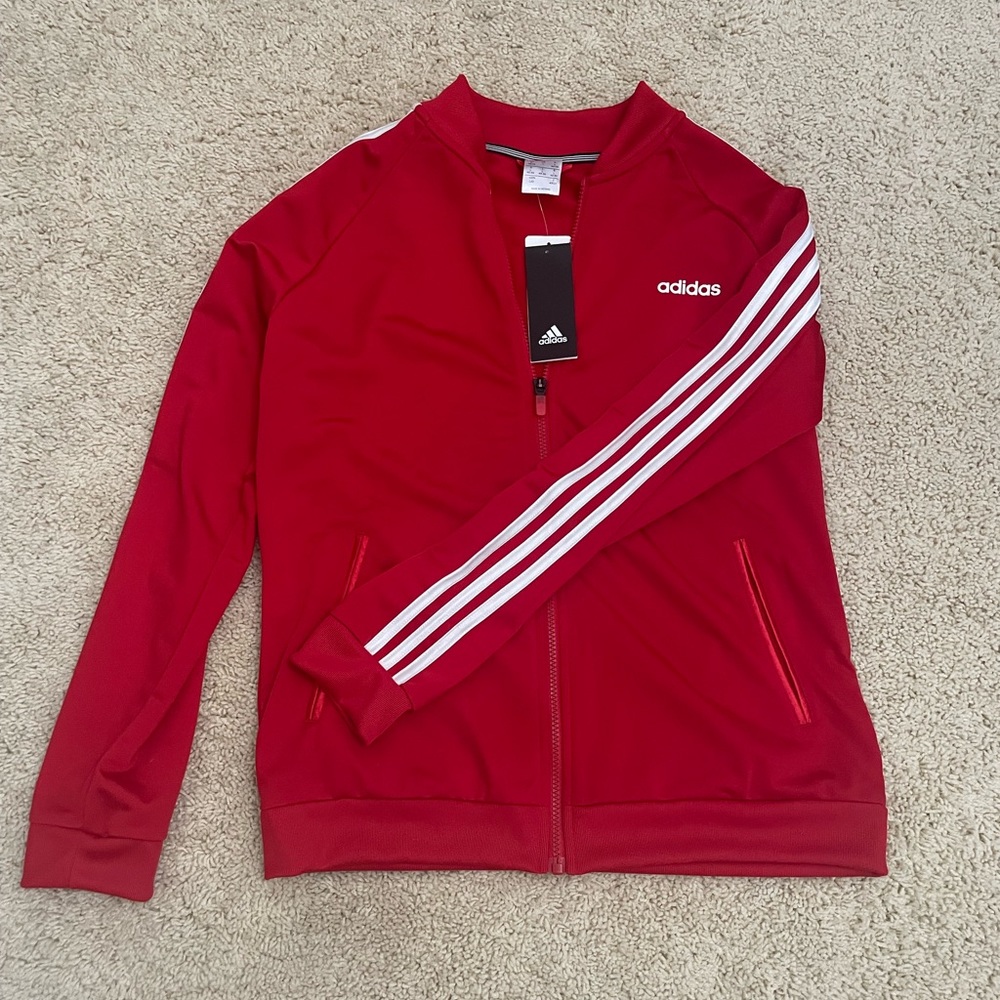 Adidas jacket in red w/ white stripes